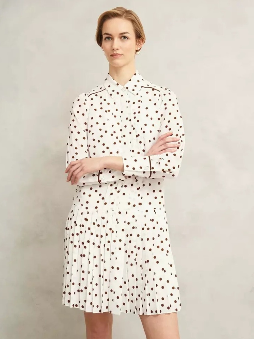 Hobbs London US Size 12 Francesca Pleated Spot Dress White and Brown Polka Dot